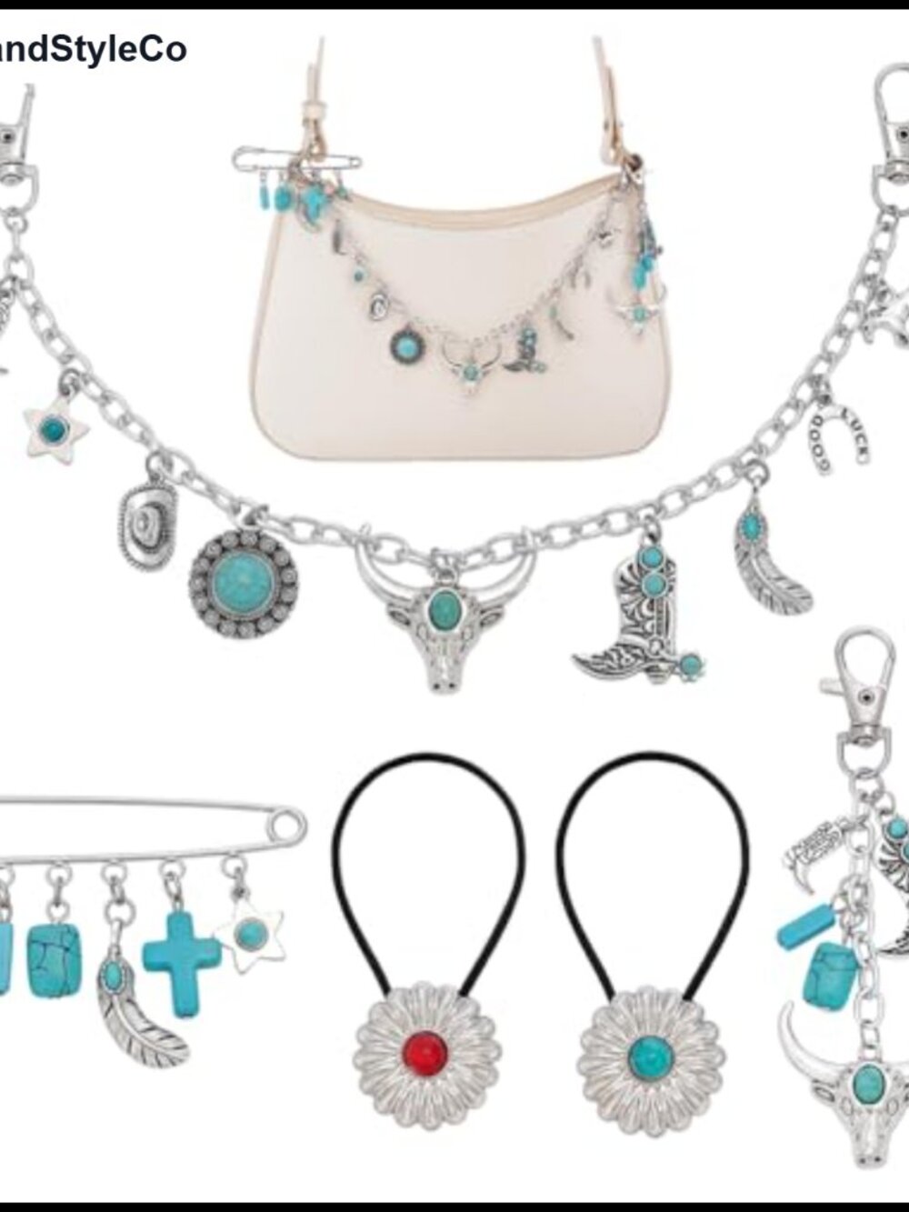 5-in-1 Turquoise Bag Charm Set Western Cowboy Bag Chain Keychain Brooch Hair Tie